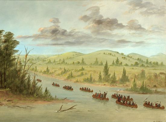 L'expédition de Cavelier de La Salle embarque sur le Mississipi le 13 février 1682. Peinture de George Catlin réalisée en 1847