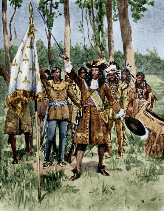 Cavelier de La Salle revendiquant le territoire de la Louisiane pour la France, en 1682. Illustration (colorisée ultérieurement) tirée de More Pictures of English History, par EL Hoskyn (Arthur et Charles Black, Londres, 1914)