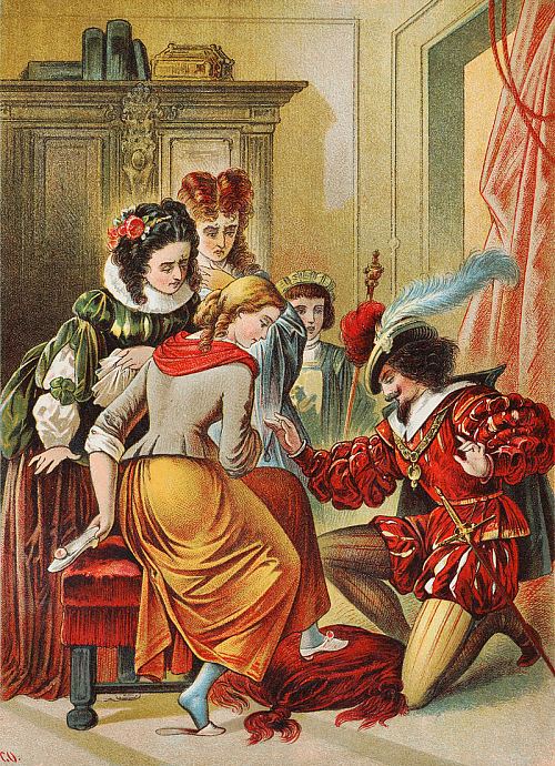 L'étonnement des deux sœurs fut grand, mais plus grand encore quand Cendrillon tira de sa poche l'autre petite pantoufle qu'elle mit à son pied. Illustration allemande d'Aschenputtel au XIXe siècle, par Carl Offterdinger