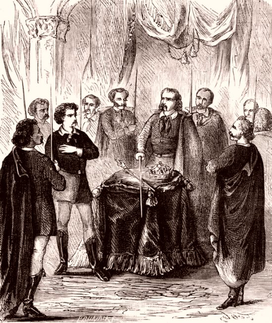 Cérémonie d'initiation d'un nouveau membre au sein des Illuminés de Bavière. Gravure de 1879