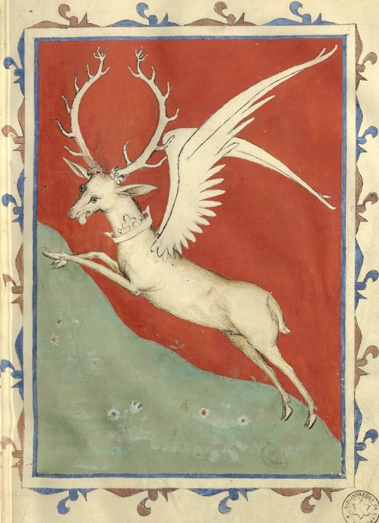 Le cerf blanc ailé de Charles VI. Enluminure extraite du Songe du vieil pèlerin par Philippe de Mézières (manuscrit français n°2682 de la BnF composé vers 1390)