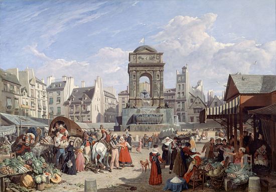 Le Marché et la fontaine des Innocents à Paris. Peinture de John James Chalon (1822)
