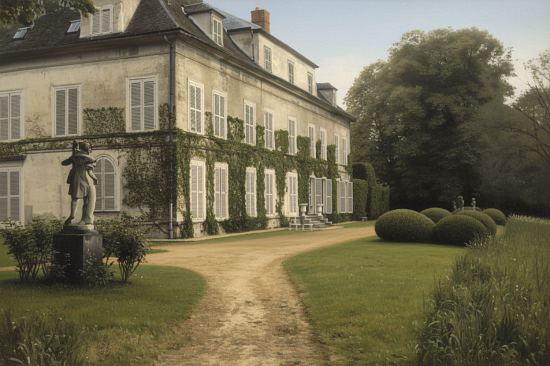 Vue (colorisée ultérieurement) de la façade côté parc de la propriété de Champlan où vécut Sophie Cottin après le décès de son mari en 1793 (elle vendit cette propriété en 1802)