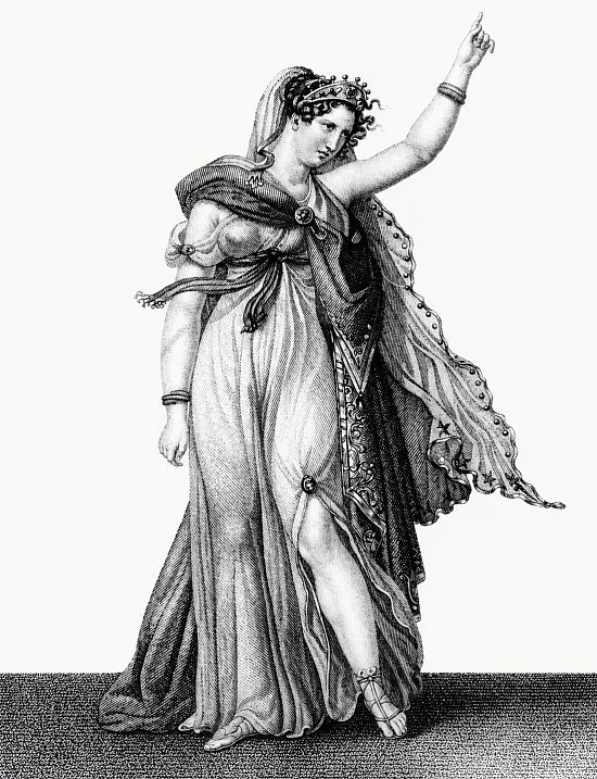 Marie Champmeslé dans le rôle de Phèdre, dans la pièce éponyme de Racine jouée à l'Hôtel de Bourgogne en 1677