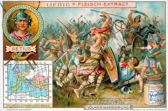 Bataille des champs Catalauniques. Lithographie Liebig de 1900