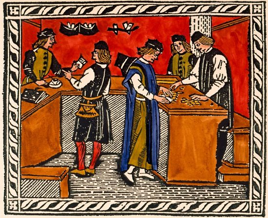 Maison de change florentine. Gravure (colorisée ultérieurement) extraite de Libro che tracta di mercantilie e usanze de' paesi (1490)