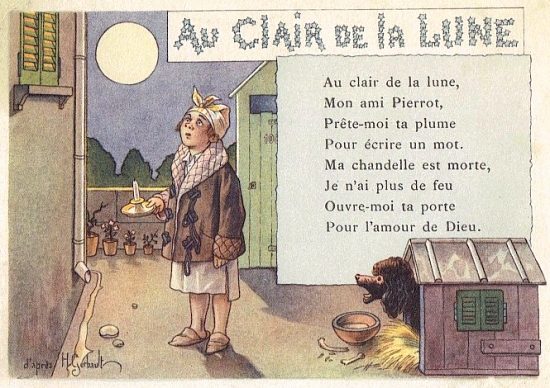 Au clair de la lune. Chromolithographie publicitaire du XXe siècle pour l'alcool de menthe Ricqlès