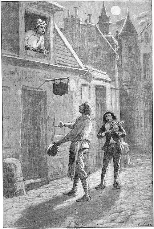 Le pâtissier Crépon s'adresse en vers à l'écrivain public Pierre Janrat et est rejoint par le jeune Lulli. Illustration publiée dans Les légendes de l'art. Musiciens, paru en 1896
