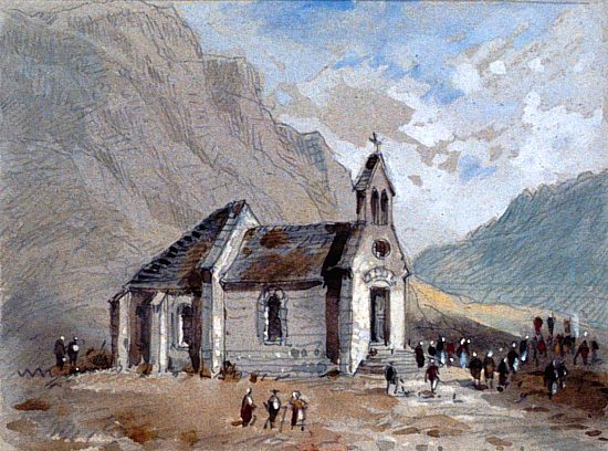 Chapelle Notre-Dame de Claviers à Jailhac (commune de Moussages), vestige du château des seigneurs de Claviers, surplombant la vallée du Mars dans le Cantal. Dessin du XIXe siècle de Hubert Clerget (1818-1899)