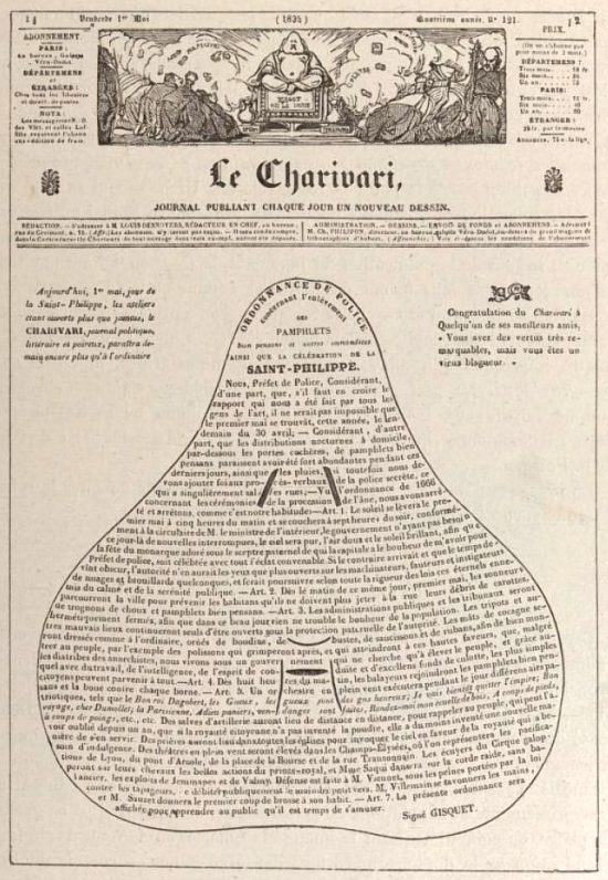 Première page du numéro du 1er mai 1835 du Charivari entièrement composé en poires