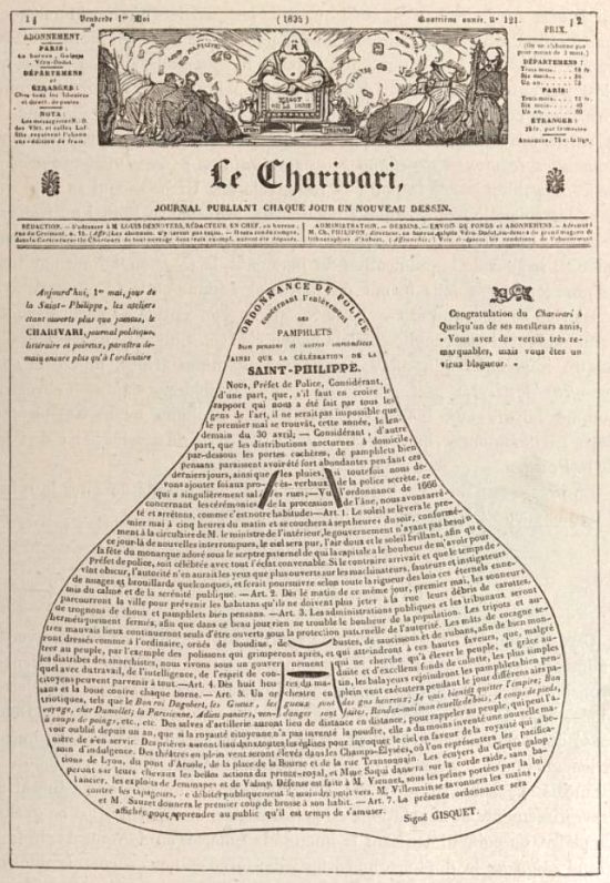 Première page du numéro du 1er mai 1835 du Charivari entièrement composé en poires