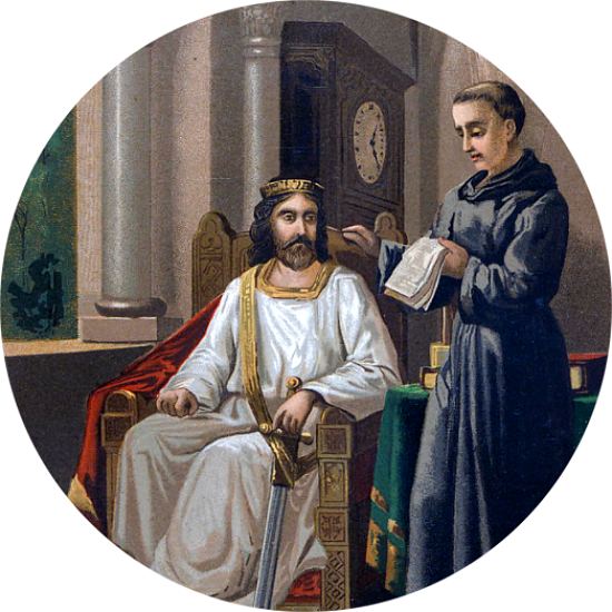 Charlemagne et Alcuin. Détail d'une lithographie de Jan Verhas extraite de Savants du Moyen Âge par Louis Figuier, paru en 1867