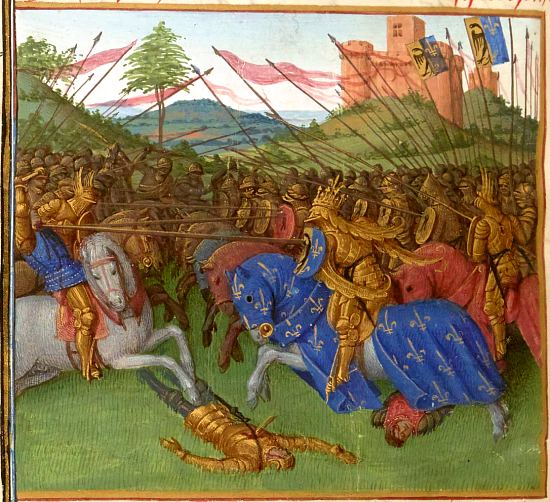 Charlemagne à la bataille. Enluminure extraite des Grandes chroniques de France enluminées par Jean Fouquet et datant d'environ 1460 (manuscrit français n°6465 de la BnF)