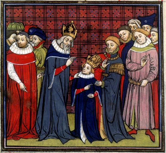 Charlemagne et son fils Louis le Pieux. Enluminure extraite des Grandes chroniques de France, manuscrit français de la BnF n°73