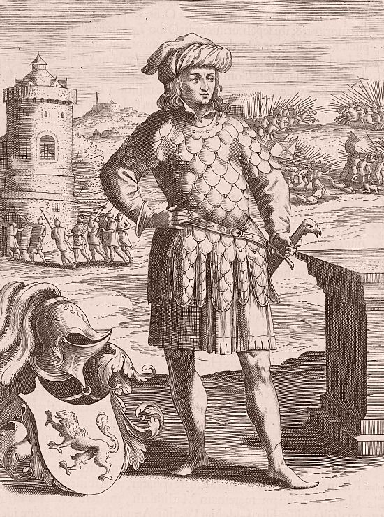 Charles de Basse-Lotharingie. Gravure extraite des Annales ducum seu principum Brabantiae (Annales des ducs ou des princes de Brabant) par Franciscus Haraeus (François Vrhaer), paru en 1623