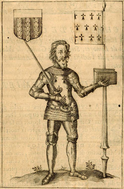 Charles de Blois (neveu du roi de France Philippe VI) périt dans la bataille d'Auray du 29 septembre 1364. Gravure extraite d'Histoire de la maison de Chastillon-sur-Marne, avec les généalogies et armes des illustres familles de France et des Pays-Bas (par André Du Chesne), paru en 1621
