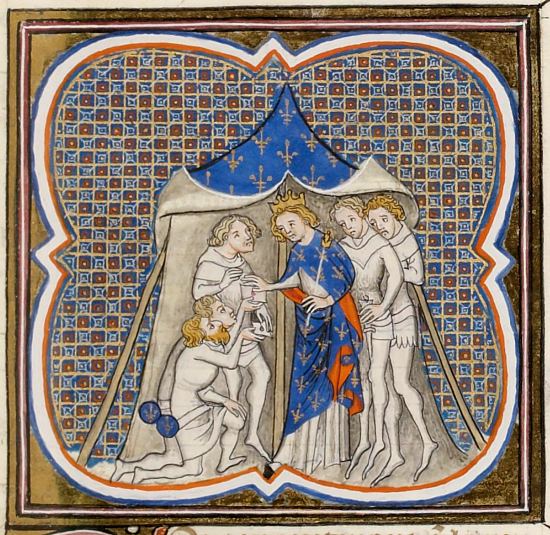 Charles III le Gros recevant les messagers. Enluminure extraite des Grandes Chroniques de France (manuscrit n°2813 de la BnF, 1375-1380)