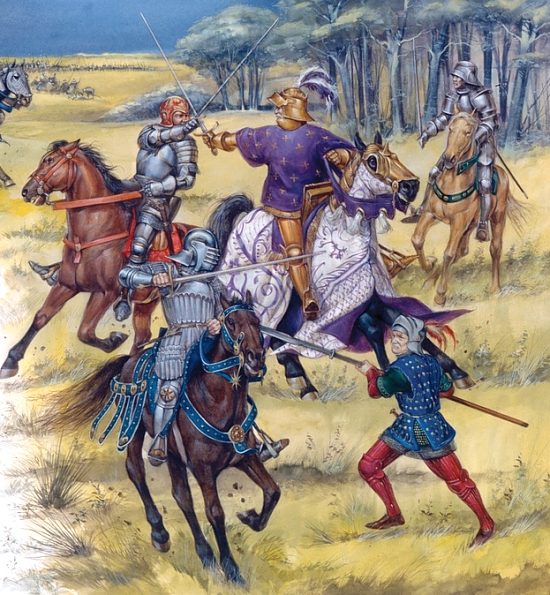 Le roi Charles VIII aux prises avec des cavaliers milanais tentant de le capturer lors de la bataille de Fornoue. Détail d'une illustration de Richard Hook publiée dans Fornovo 1495. France's bloody fighting retreat, par David Nicolle (1996)