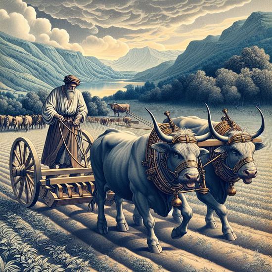 Charrue au travail, tirée par deux bœufs