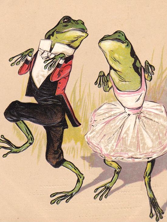 Grenouilles dansant le cake walk. Carte postale réalisée vers 1910