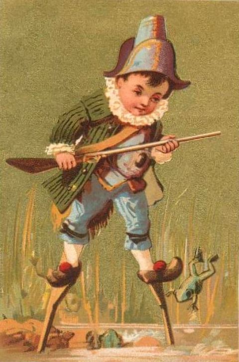 Chasse à la grenouille. Chromolithographie publicitaire publiée vers 1890