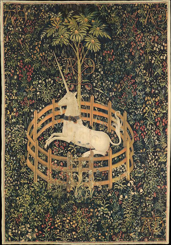 La licorne est retenue en captivité et n'est plus morte. Tapisserie appartenant à la série intitulée La Chasse à la licorne (fin du XVe siècle / début du XVIe siècle)