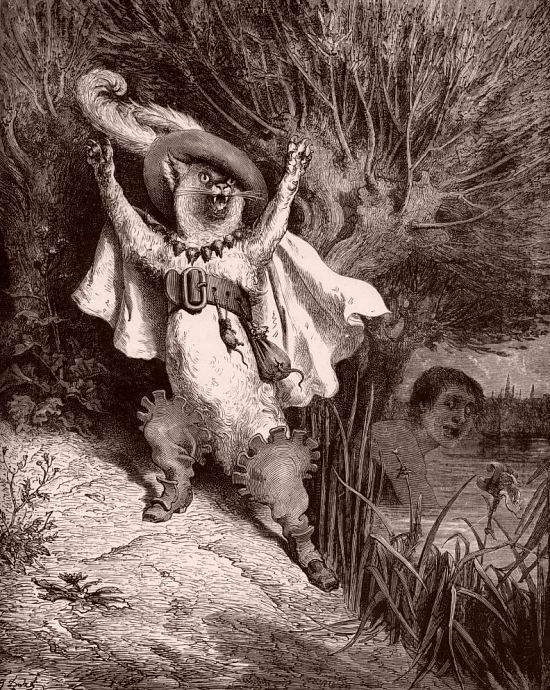 Le Chat botté, par Gustave Doré : Au secours ! Au secours ! Voilà M. le marquis de Carabas qui se noie ! Illustration extraite des Contes de Perrault