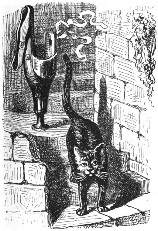 Le chat noir et la jambe de bois du comte de Combourg. Dessin de Kreutzberger publié dans Les chats. Histoire, mœurs, observations, anecdotes par Champfleury (1869)