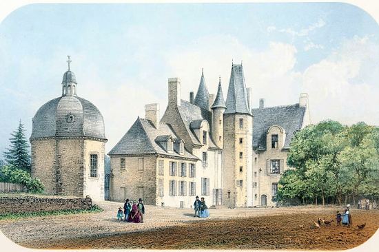 Château des Rochers, à Vitré (Bretagne), demeure de la marquise de Sévigné. Lithographie de Louis-Julien Jacottet (vers 1830)