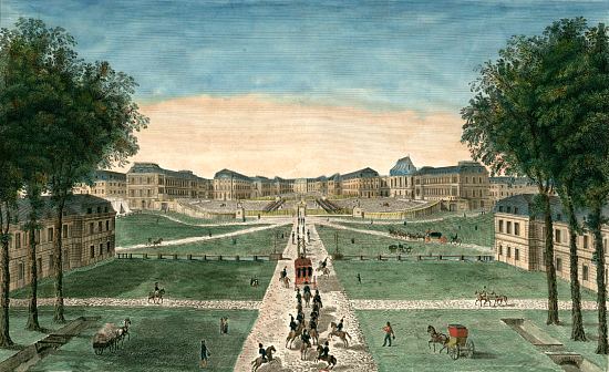 Vue du château de Versailles prise de l'avenue de Paris. Gravure de Henri Courvoisier-Voisin (1757-1830)