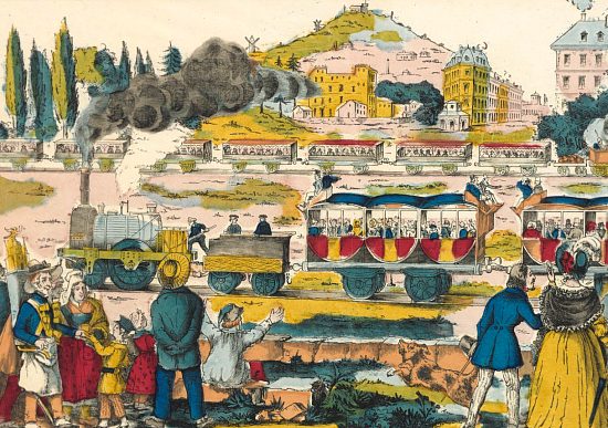 Le chemin de fer. Détail d'une gravure du XIXe siècle de la fabrique de Pellerin, imprimeur-libraire à Epinal