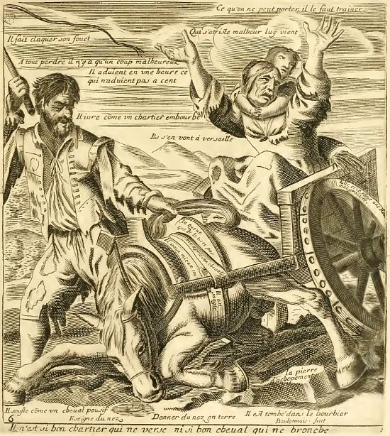 Il n'est si bon chartier qui ne verse ni si bon cheval qui ne bronche. Gravure extraite du Recueil des plus illustres proverbes de Jacques Lagniet (1657)