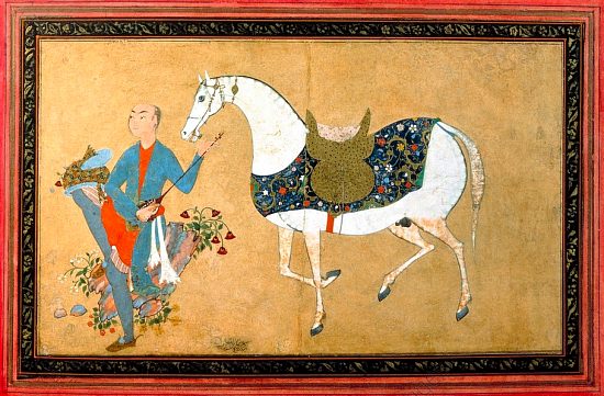 Jeune homme avec un luth et un cheval. Miniature persane de 1595