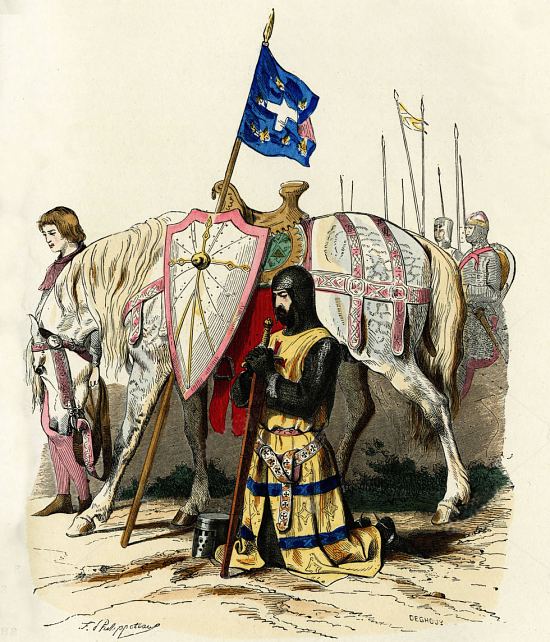 Chevalier banneret priant avant son départ pour la deuxième croisade (1146). Gravure réalisée d'après un dessin de Félix Philippoteaux appartenant à la série Costumes civils et militaires des français à travers les siècles et publiée dans La France et les Français à travers les siècles par Augustin Challamel (1882)