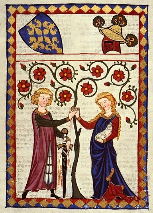 Le poète chevalier et la Dame. Enluminure extraite de Codex Manesse, par Bergner de Horheim (première moitié du XIVe siècle)
