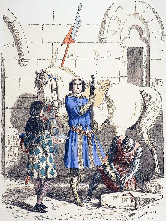 Chevalier servi par son écuyer et ses pages à la fin du XIIe siècle. Gravure réalisée d'après un dessin de Félix Philippoteaux appartenant à la série Costumes civils et militaires des français à travers les siècles et publiée dans La France et les Français à travers les siècles par Augustin Challamel (1882)