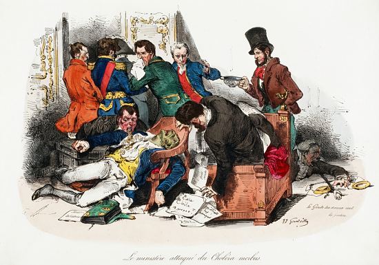 Le ministère attaqué par le choléra. Caricature de Grandville (1832). Le président du Conseil des ministres, Casimir Perier, est effectivement mort du choléra le 16 mai 1832