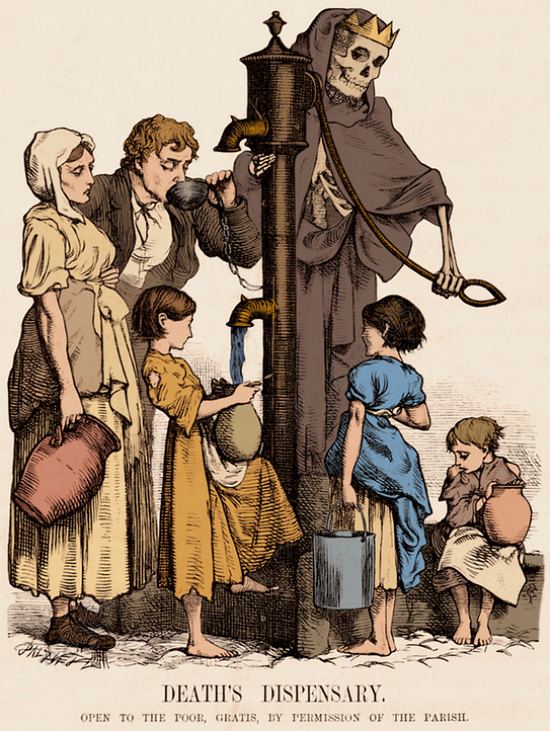 La population utilisant une pompe à eau infectée par le choléra. Caricature anglaise de 1866