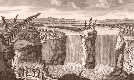 Les chutes du Niagara. Gravure réalisée d'après un dessin de Robert Hancock et extraite de A New and complete system of geography (Tome II), par Charles Theodore Middleton (1779)