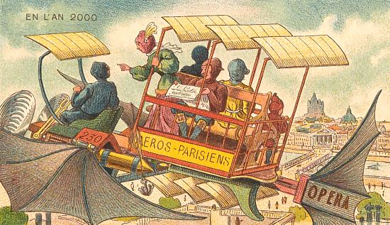 Pilote ! Arrêtez-moi au Louvre. Carte illustrée réalisée par Jean-Marc Côté extraite de la série En l'an 2000, parue en 1910