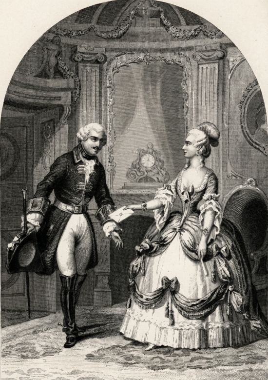 Mademoiselle Clairon est conduite au For-l'Évêque suite à son refus de jouer dans le Siège de Calais avec un acteur nommé Dubois, auquel on reprochait une bassesse. Gravure extraite des Prisons de l'Europe (par Jules-Édouard Alboize de Pujol et Auguste Maquet), paru en 1845