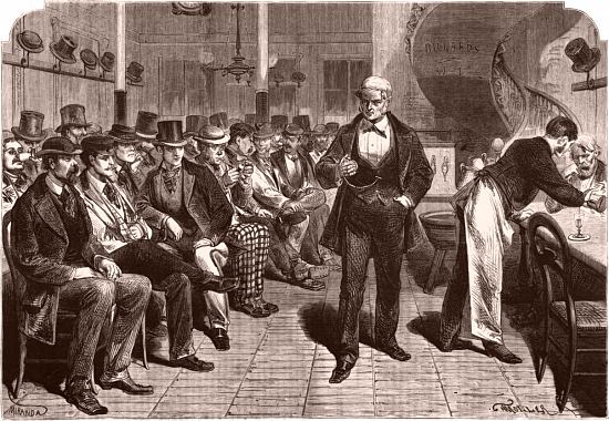 Types et Physionomies de Paris. La claque : rendez-vous des claqueurs du théâtre de l'Opéra, au café de la rue Favart. Gravure parue dans L'Illustration du 15 février 1873