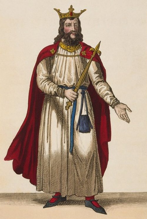 Clovis Ier, premier roi chrétien. Gravure de 1850 extraite d'une série de portraits des rois et reines de France