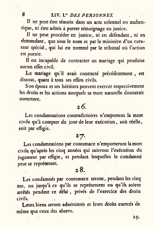 Extrait du texte du 8 mars 1803 (en application du 18 mars 1803 au 3 juin 1854) préfigurant le Code civil de 1804