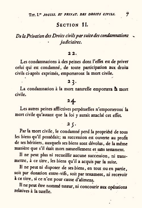 Extrait du texte du 8 mars 1803 (en application du 18 mars 1803 au 3 juin 1854) préfigurant le Code civil de 1804