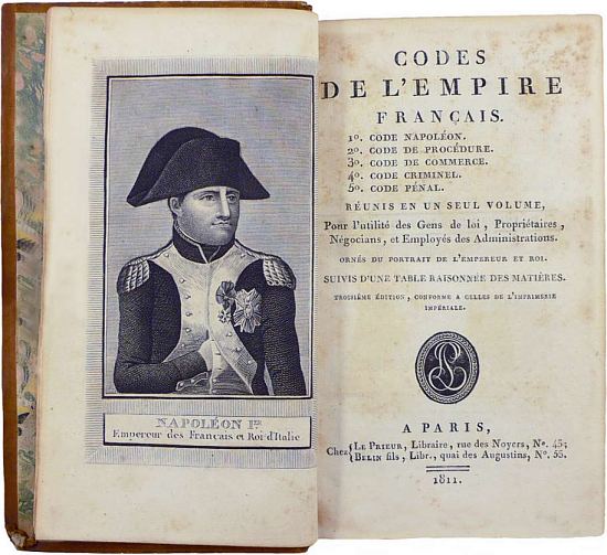 Codes de l'empire français. 1° Code Napoléon. 2° Code de procédure. 3° Code de commerce. 4° Code criminel. 5° Code pénal. Réunis en un seul volume, pour l'utilité des gens de loi, propriétaires, négociants, et employés des administrations. Édition de 1811
