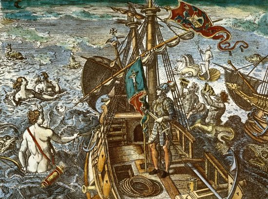 Colomb, le premier inventeur du Nouveau Monde. Allégorie (colorisée ultérieurement) de Theodor de Bry d'après l'œuvre de Stradanus, publiée dans America pars quarta (Tome 4) paru en 1594