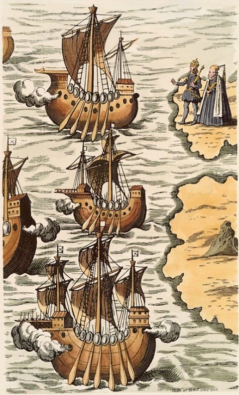 Colomb part pour son premier voyage de découverte (Palos, 3 août 1492). Gravure (colorisée ultérieurement) publiée dans Nova typis transacta navigatio novi orbis Indiae Occedentalis, par Honorius Philoponus (1621)