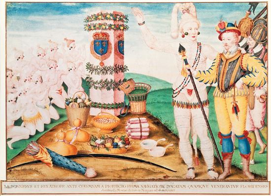 Le chef indien Athore montrant en 1564 à René Goulaine de Laudonnière la colonne érigée par Jean Ribault lors la prise de possession de la Floride en 1562. Illustration de Jacques le Moyne de Morgues (1533-1588)