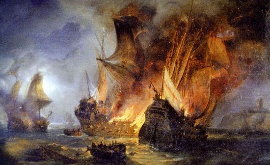 Le combat de la Cordelière contre une flotte anglaise, en 1512, au large de Saint-Mathieu, peinte en 1838 par Pierre-Julien Gilbert